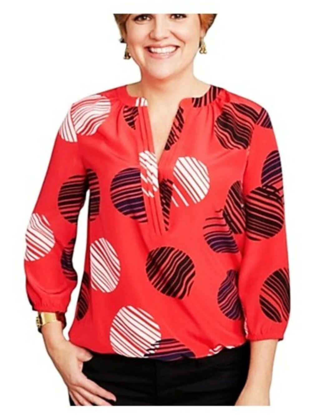 Dana Buchman Women's Blouse Size XL Red Geometric 3/4 Sleeves Elastic Waistband